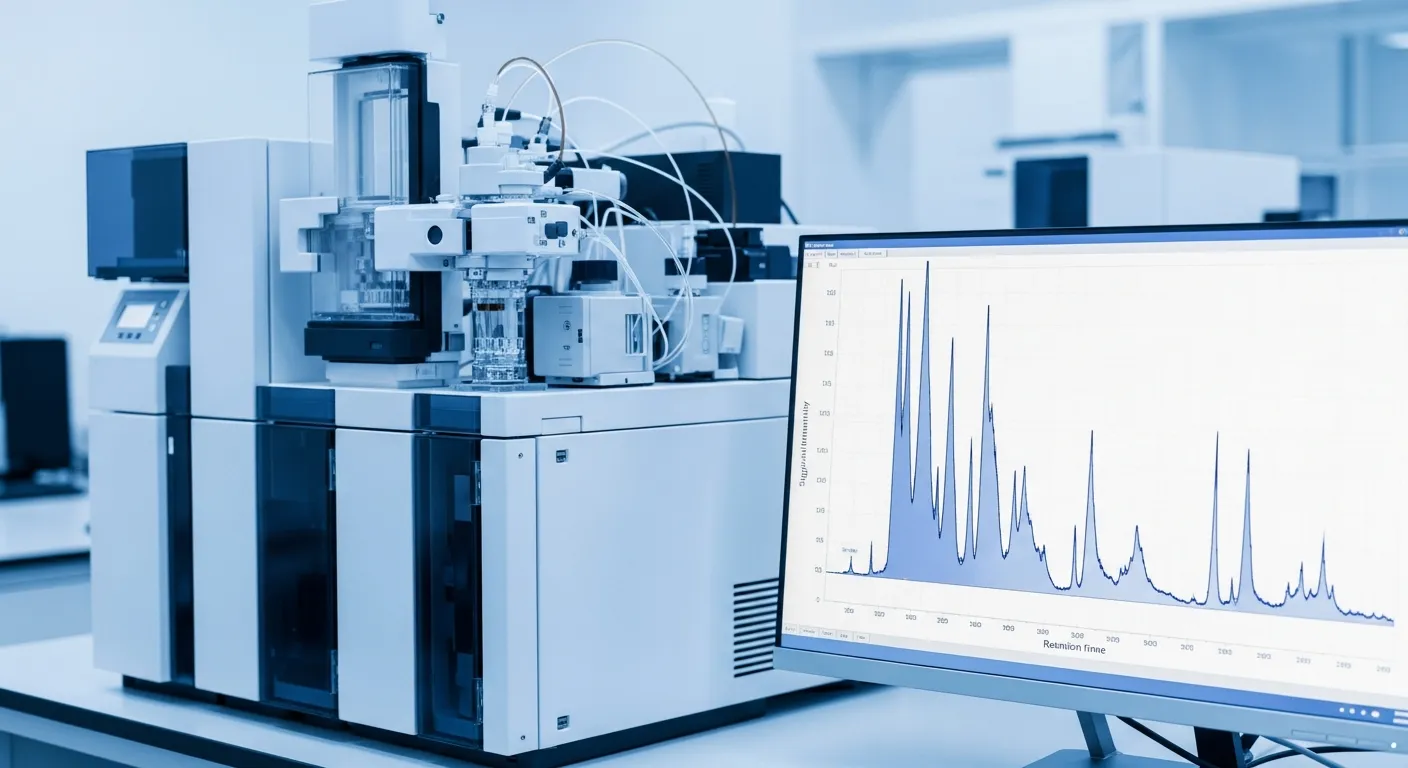 HPLC chromatography testing explained, detailed chromatogram analysis on computer screen with peptide purity verification equipment