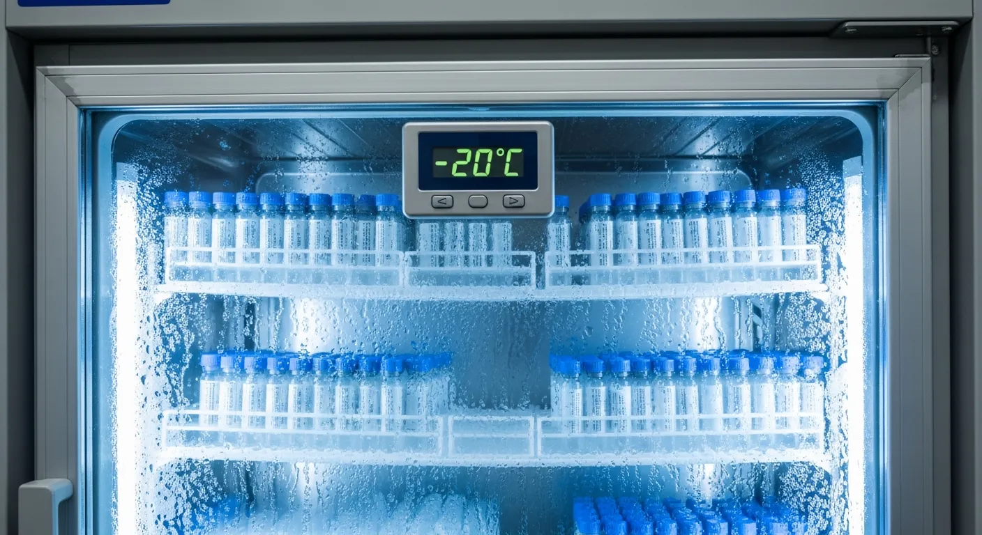 Temperature-controlled peptide storage freezer with research-grade peptide vials, laboratory cold storage best practices for peptide handling