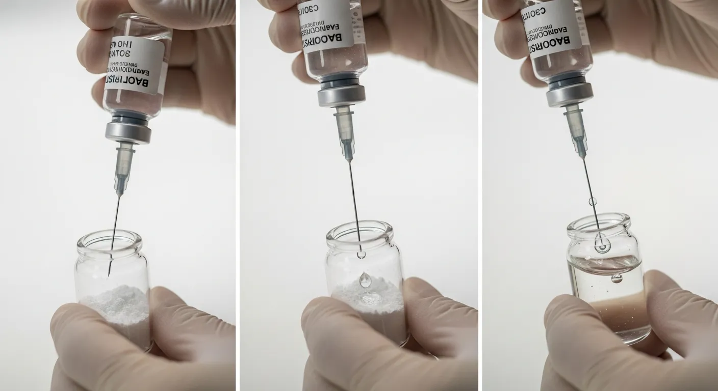 Peptide reconstitution process, syringe drawing bacteriostatic water into lyophilised peptide vial under sterile laboratory conditions