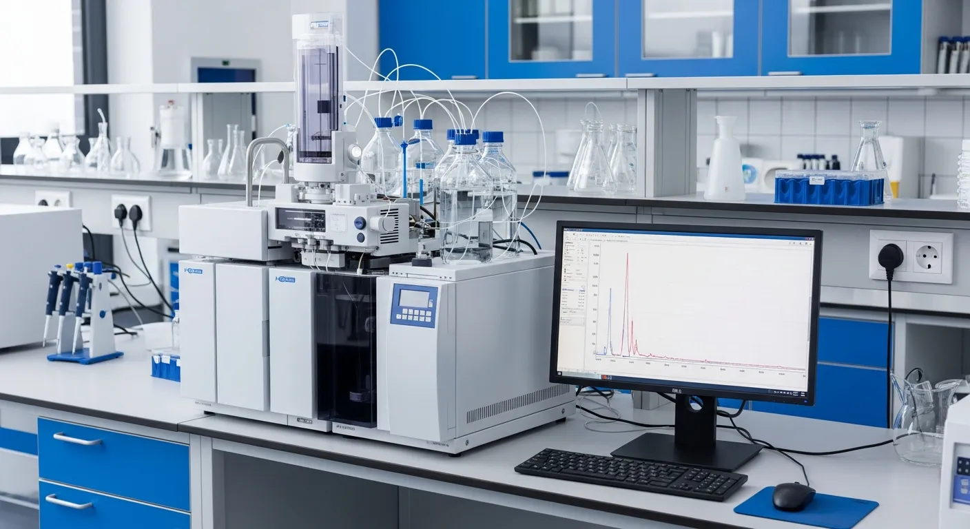 HPLC chromatography machine analyzing peptide purity in Australian research laboratory, quality assurance testing for research-grade peptides