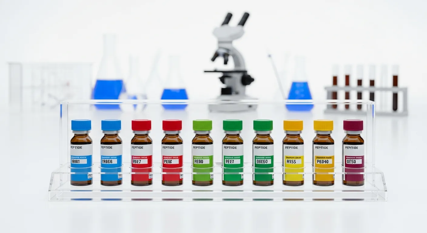 Research-grade peptide product catalog, HPLC-verified peptide vials displayed in professional laboratory showcase