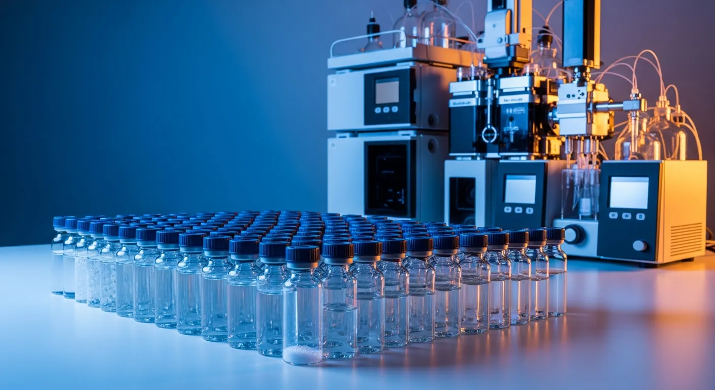 Research-grade peptide vials arranged in Australian laboratory with HPLC chromatography equipment for purity verification