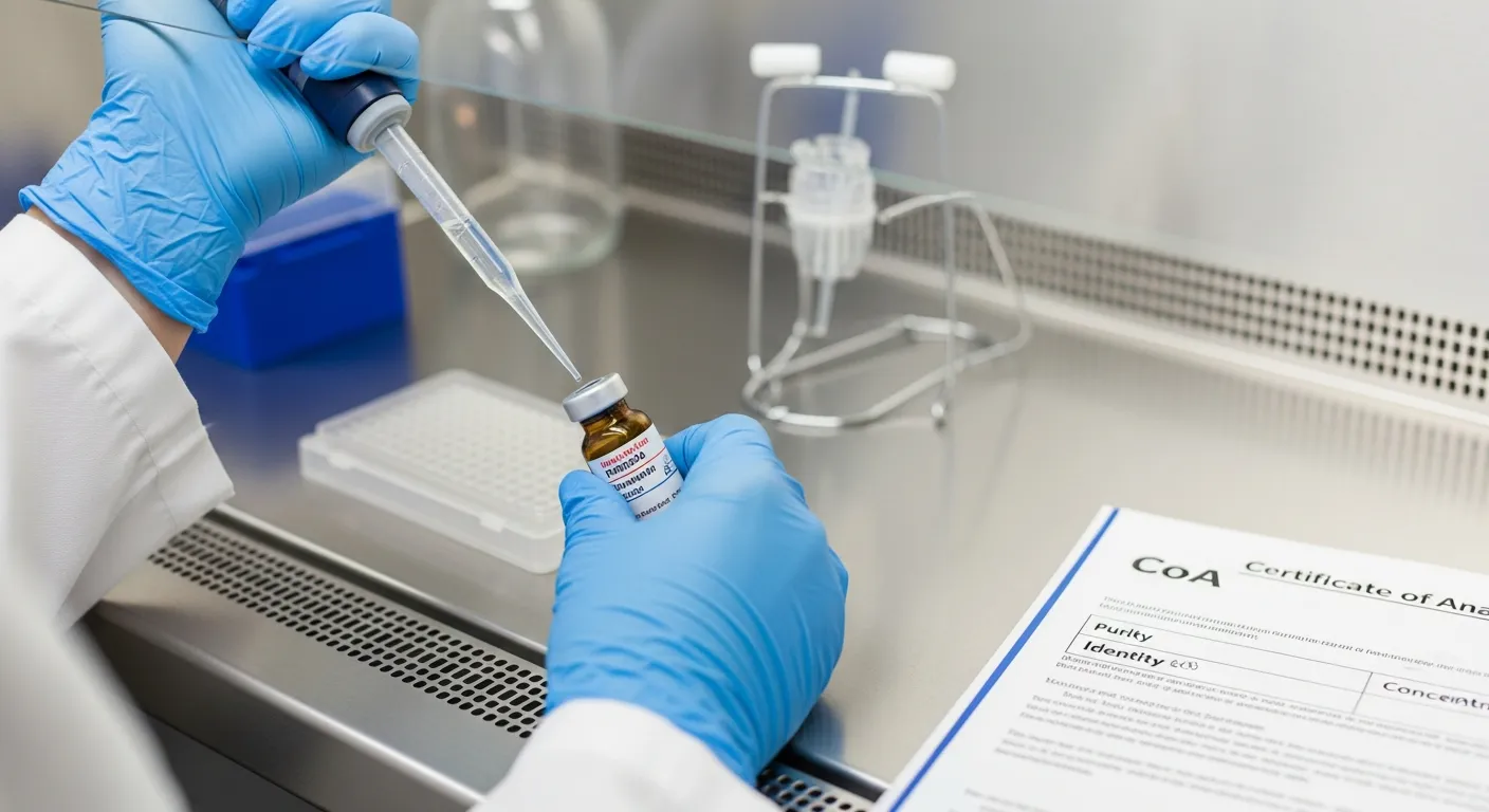 Peptide quality control process, scientist pipetting into research-grade peptide vial under sterile laboratory conditions with Certificate of Analysis